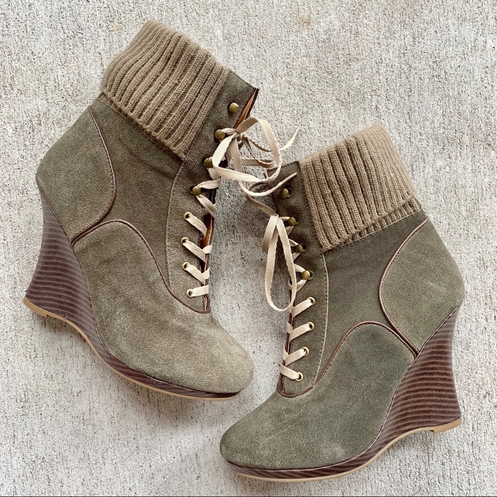 Real Suede Wedge Knit-Trim Boots
